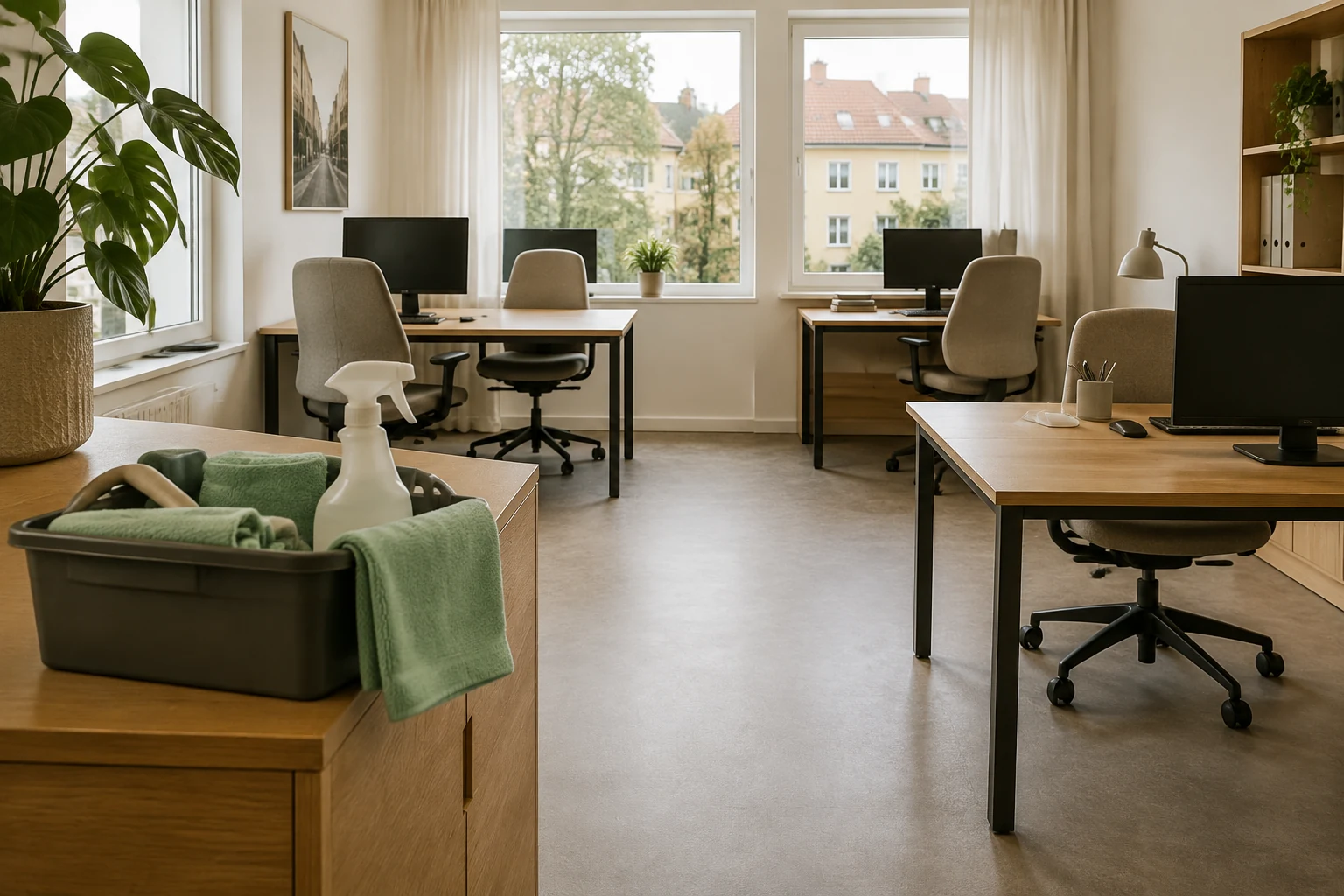 Ljust kontor med rena arbetsytor och städmaterial i förgrunden.